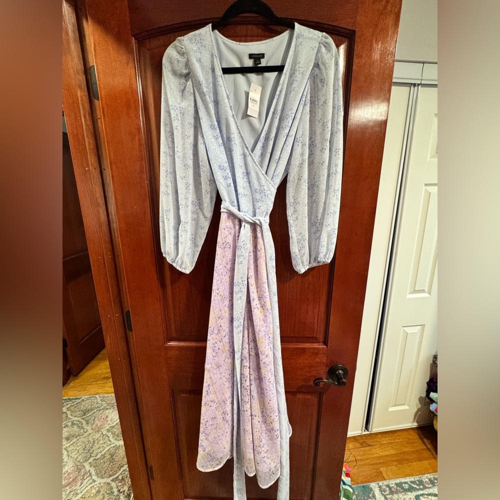 NWT- Ann Taylor - Light Blue & Lavender Wrap Midi Dress with Puff Sleeves